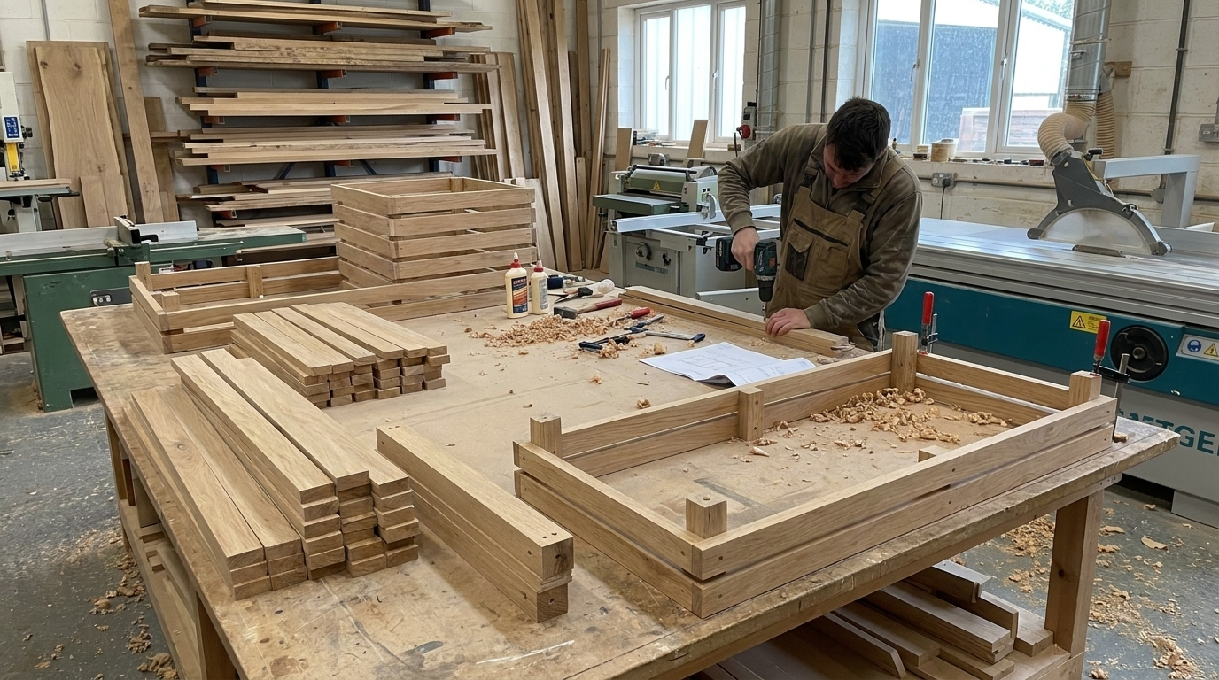 Luminaire craftsman hand-assembling a planter in the Fraserburgh workshop